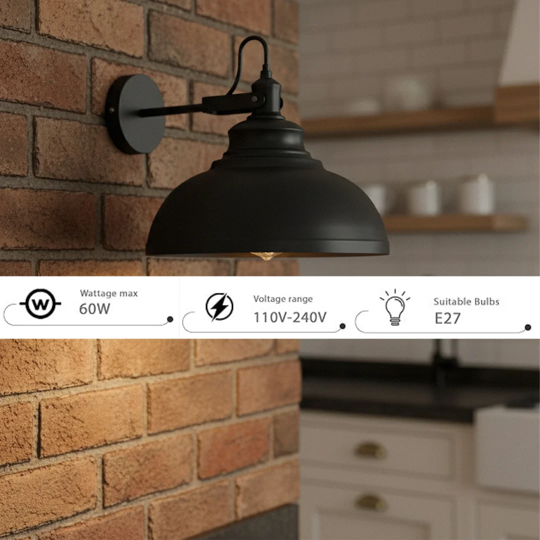 Matte black adjustable industrial wall light with curved arm and 29 cm shade, E27 socket wall sconce for indoor use