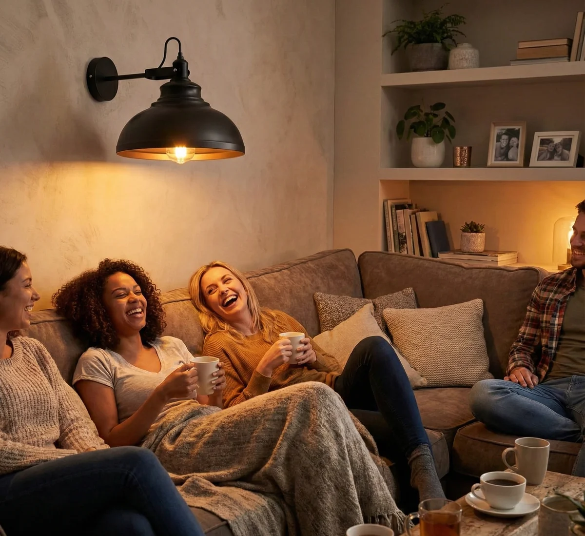 Adjustable indoor industrial lamp with matte black curved metal arm and wide 29 cm dome shade mounted on wall