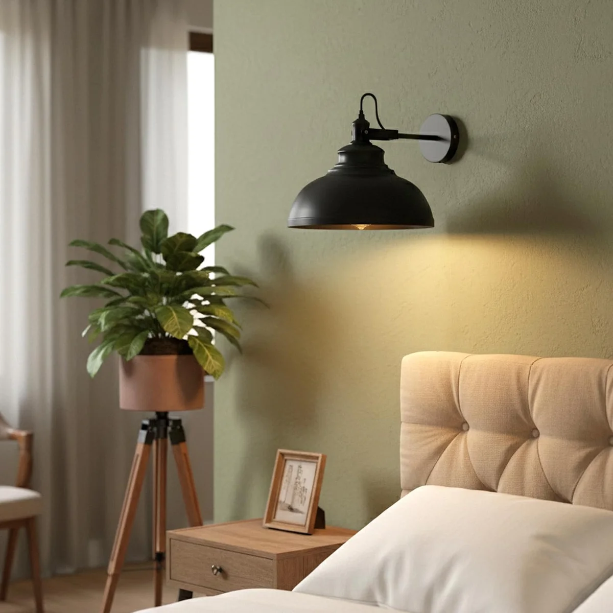 Matte black rotatable neck wall light with curved arm and wide 29cm metal shade, ideal for industrial decor