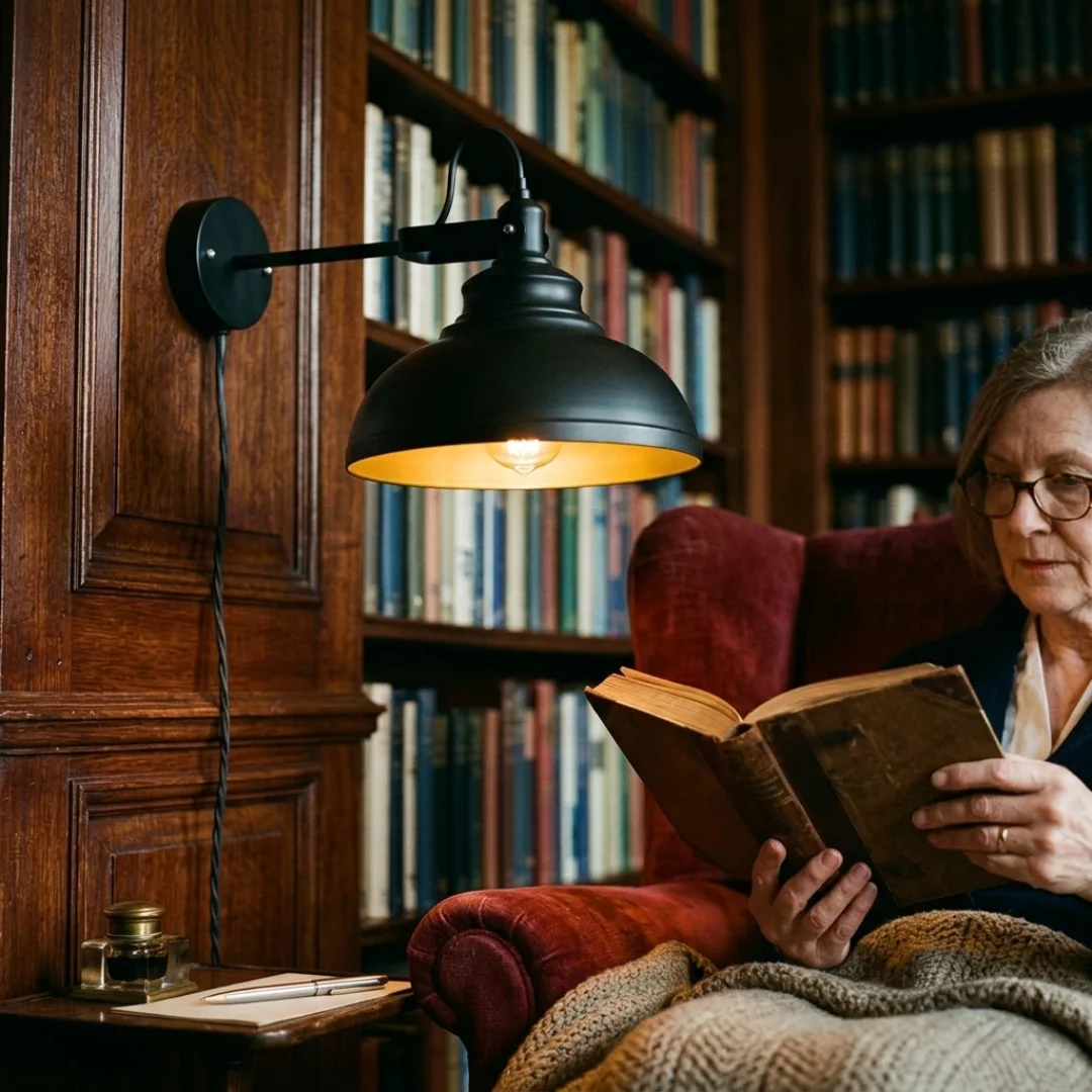 Adjustable industrial wall light with matte black curved metal arm and wide 29 cm dome shade mounted on a white wall