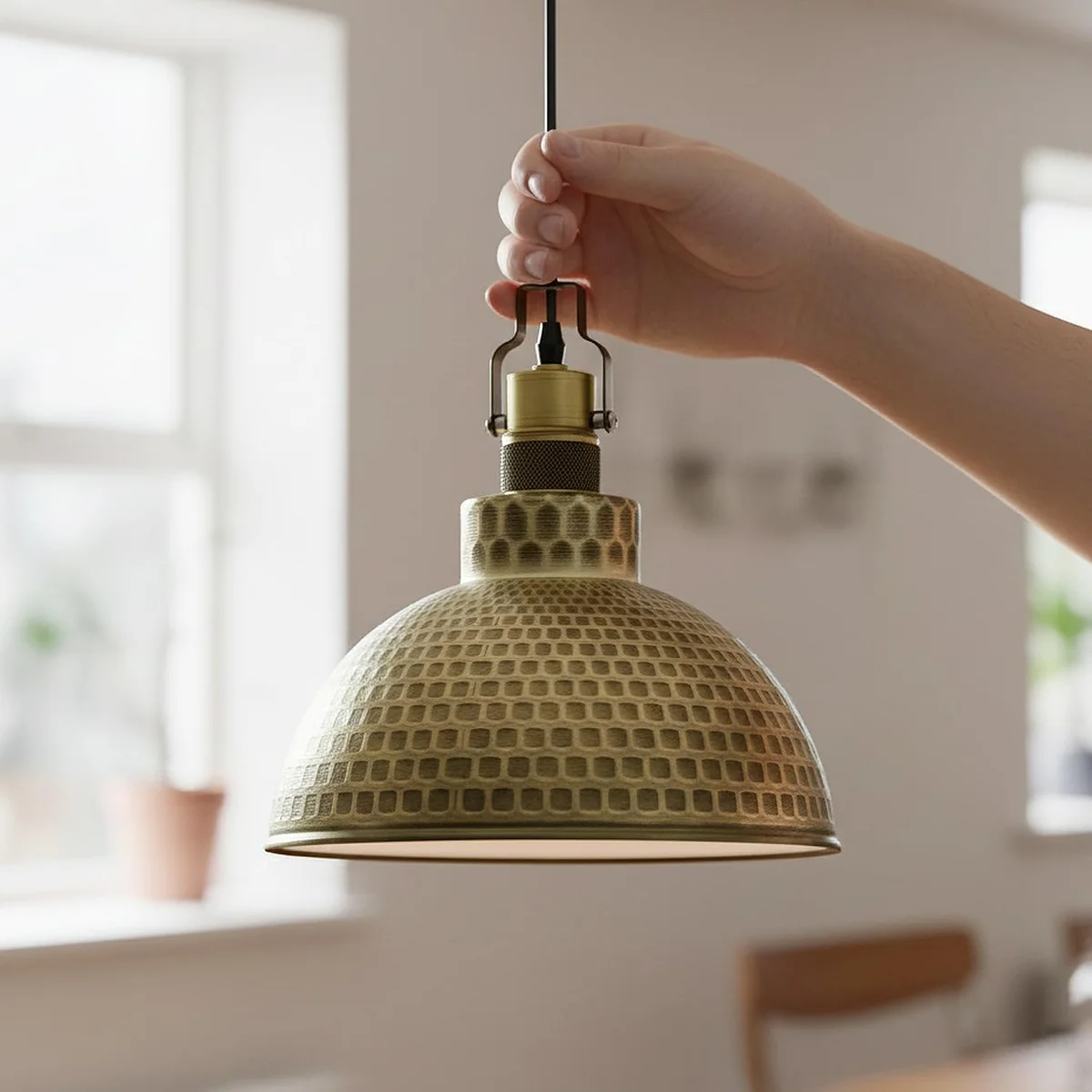 Green brass metal dome pendant light with hammered texture, adjustable cable, and antique gold finish hanging from ceiling