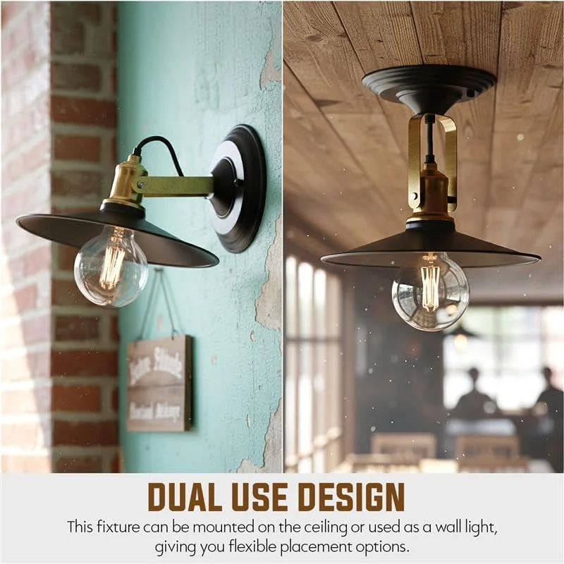 Matte black adjustable wall sconce with 22cm flat metal shade mounted on a white wall, showing swivel lamp head angled down