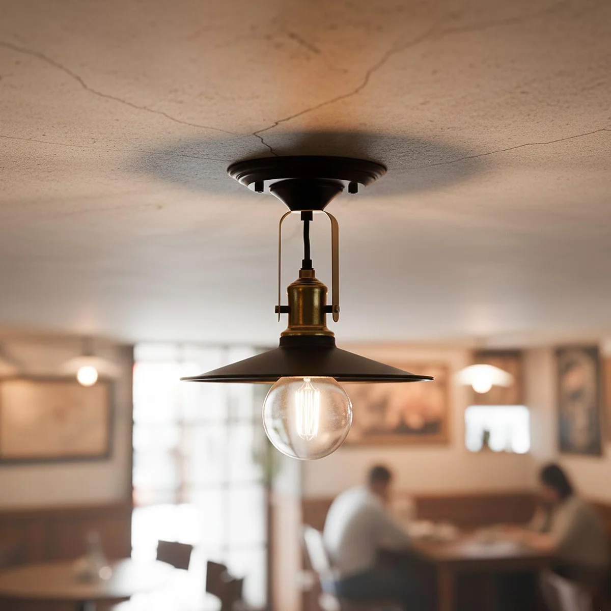 Matte black ceiling fixture with adjustable flat metal shade mounted on white wall, showcasing swivel light angle feature