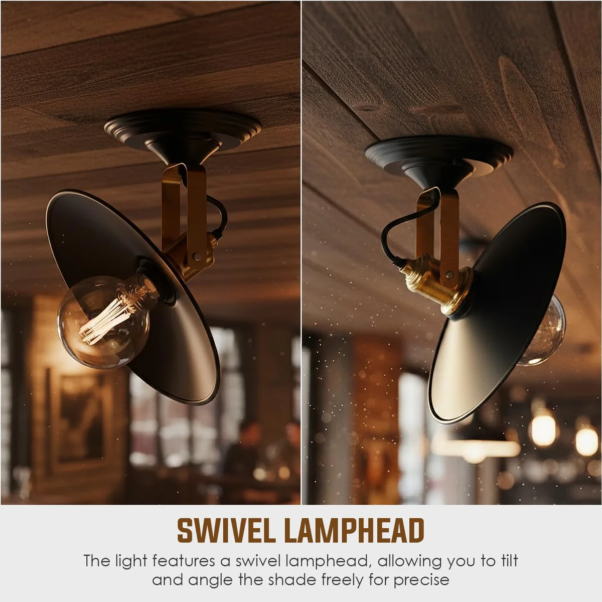 Vintage flat shade lamp mounted on wall with adjustable matte black swivel shade angled downwards