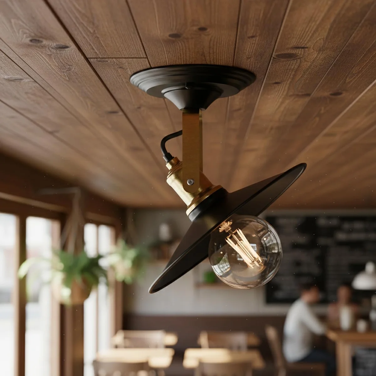 Black adjustable metal shade ceiling light with swivel arm mounted on a white wall in a modern industrial room setting