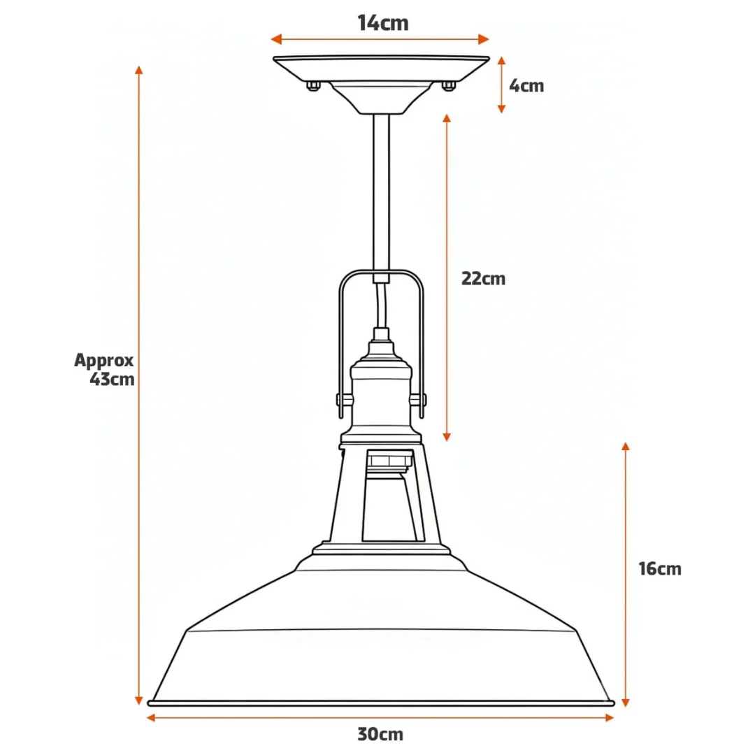 Adjustable black metal industrial ceiling light with 30cm barn-style shade and swivel lamp head on white background
