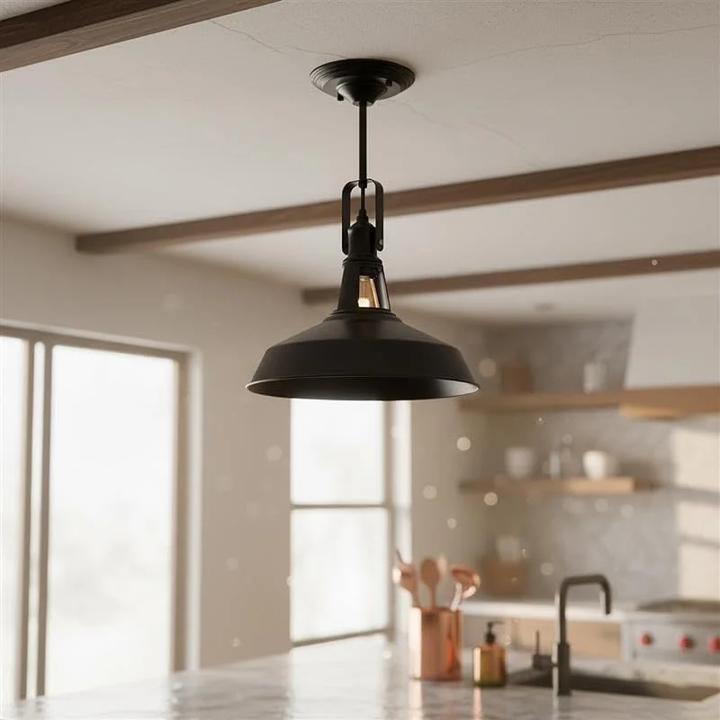 Adjustable matte black metal barn light with 30cm shade angled downward, mounted on white ceiling background