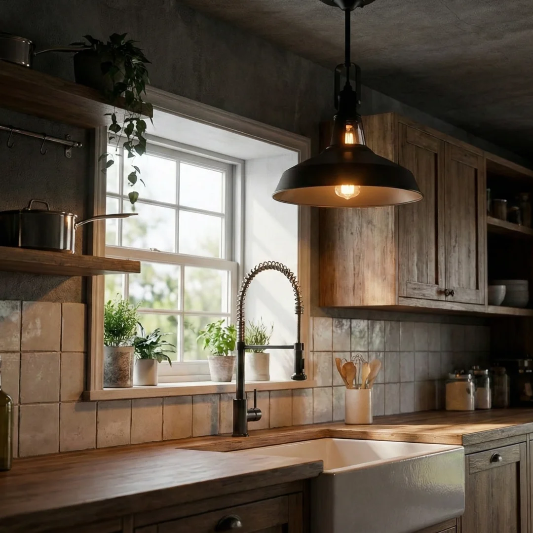 Adjustable black barn shade light with matte finish mounted on ceiling, angled to direct light downward