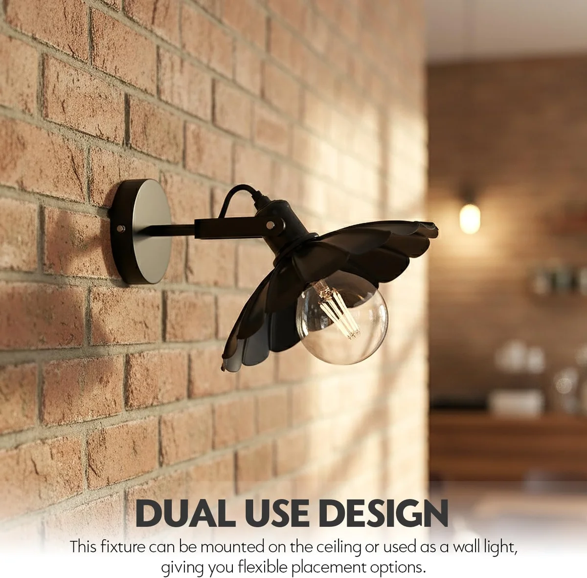 Adjustable black ceiling light with matte metal finish and curved shade, shown swiveled to direct light downward