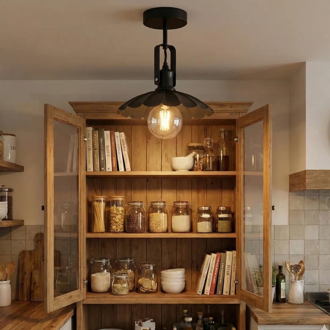 Matte black metal ceiling light with adjustable swivel head and curved shade mounted on a semi-flush ceiling arm