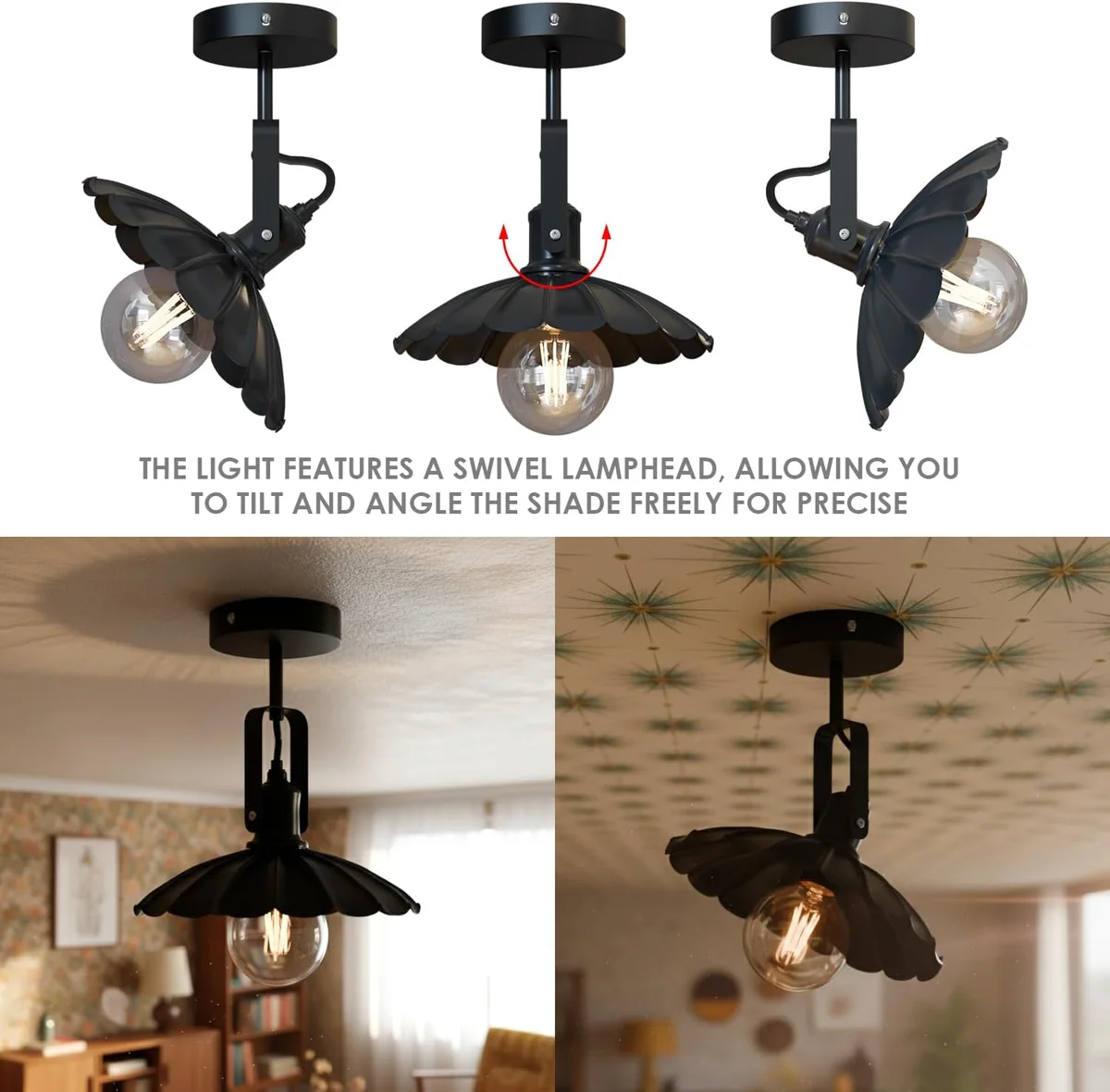 Matte black industrial ceiling light with adjustable swivel metal shade angled downward against white background