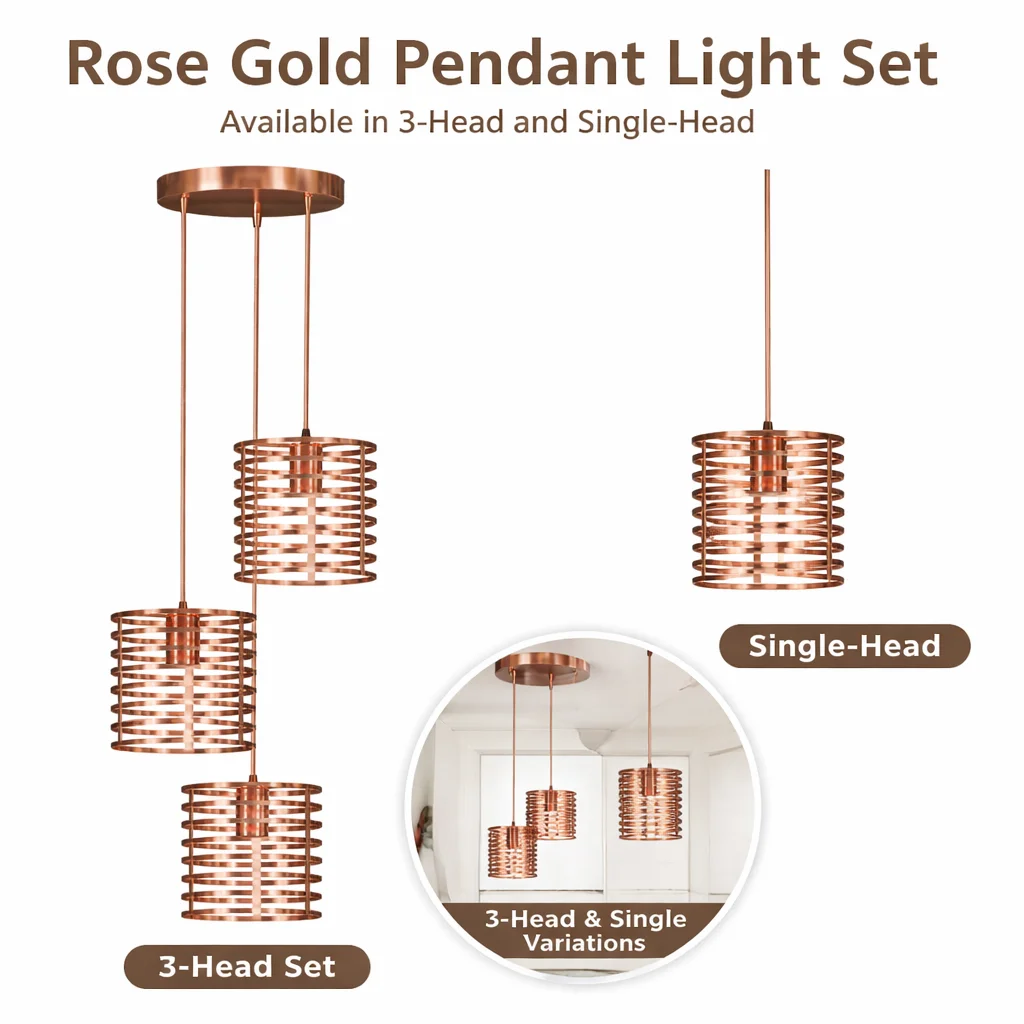 Rose gold pendant light with a single metal cage head hanging from an adjustable cord against a white background