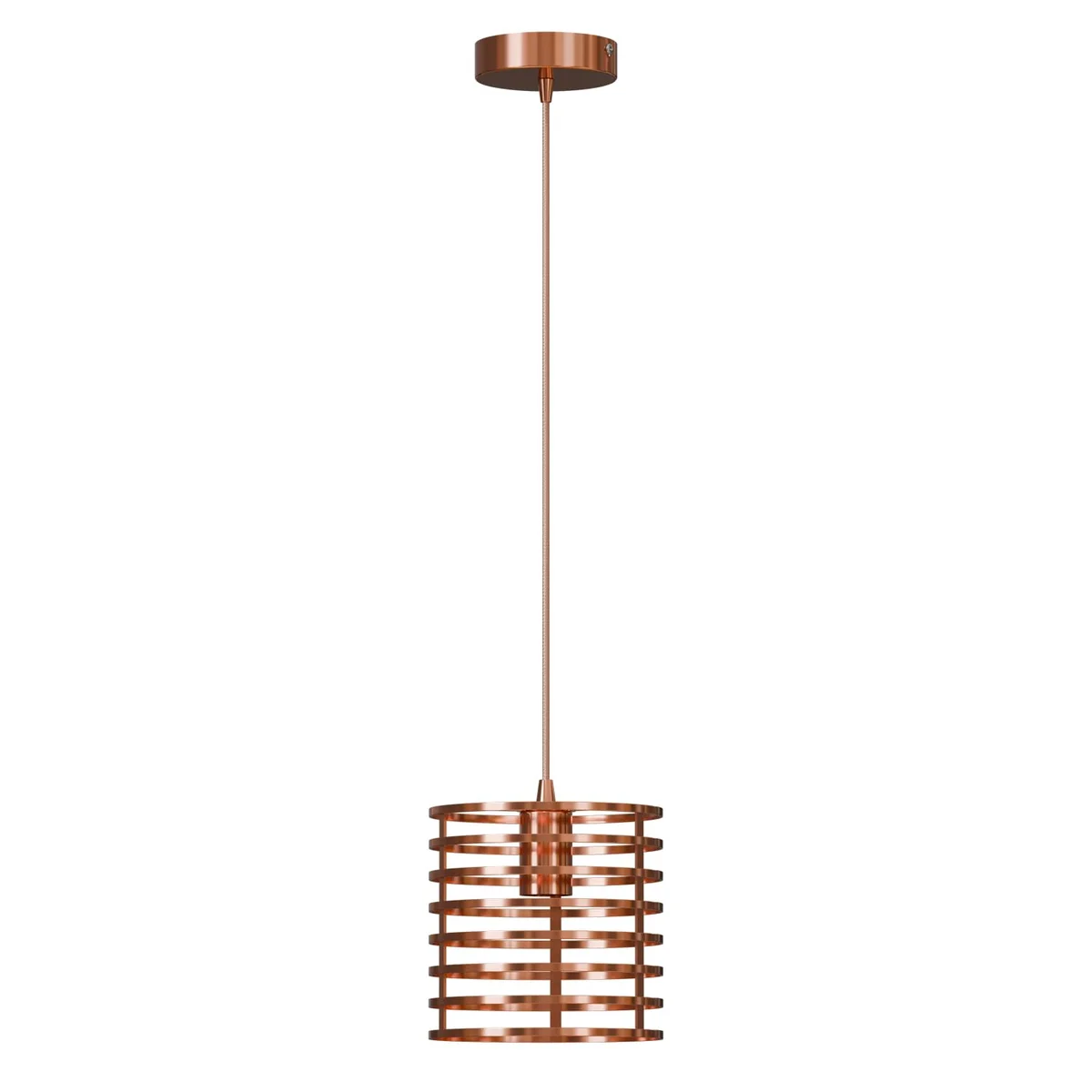Rose gold metal cage pendant light with single head, hanging from ceiling, adjustable cord, modern industrial style