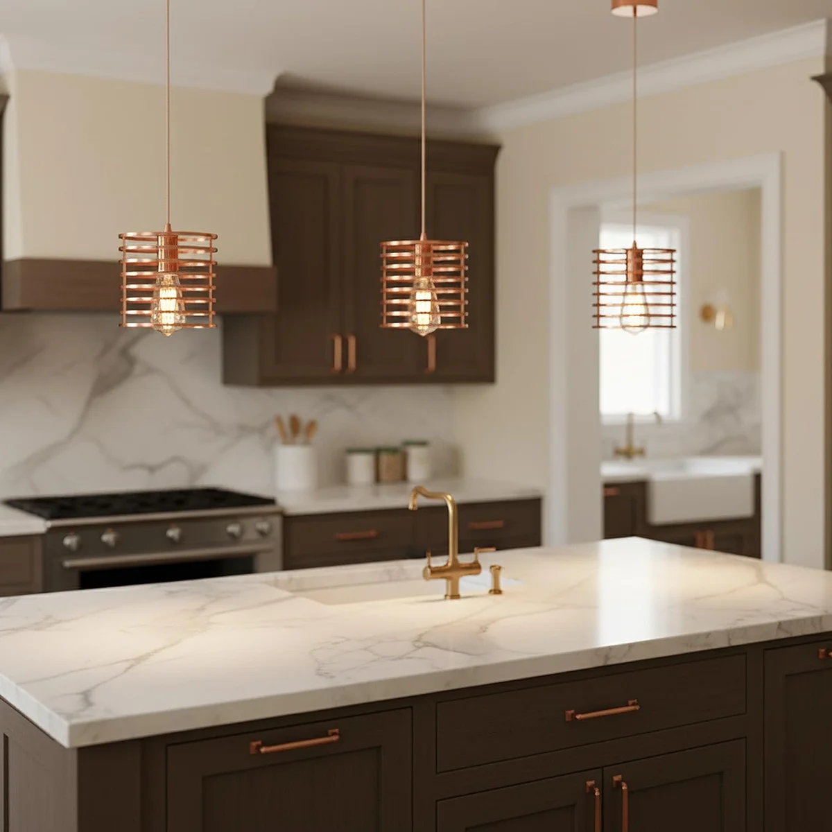 Triple head rose gold metal cage pendant light with adjustable drop height, showcasing stylish adjustable pendant lighting design