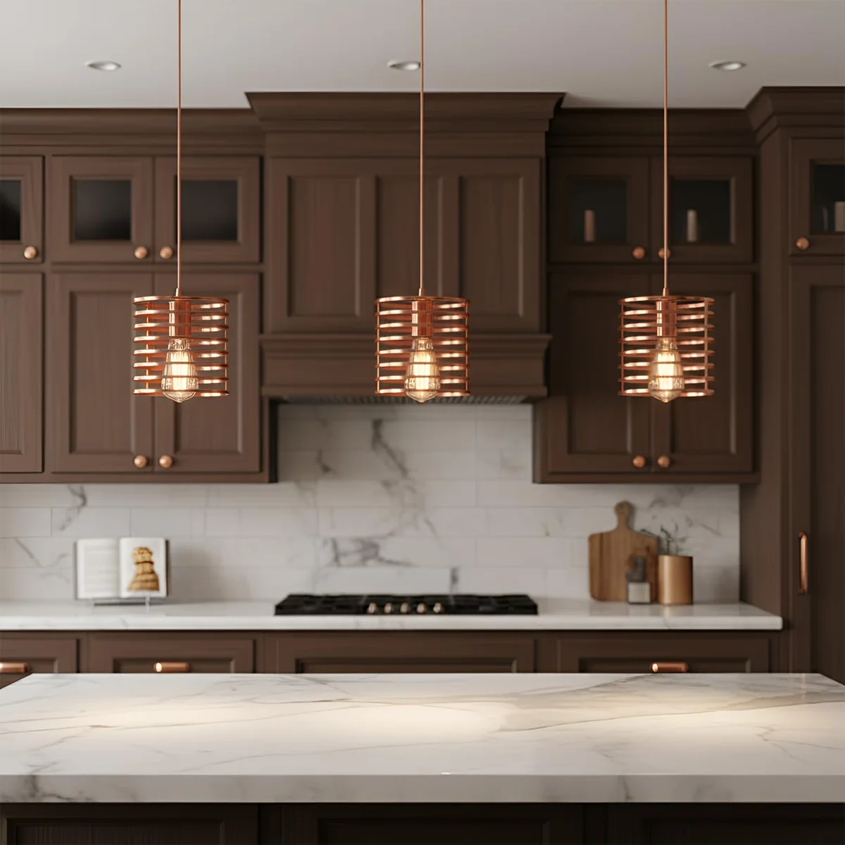 Triple head rose gold metal cage pendant light with adjustable cords and E27 socket pendant light design hanging from ceiling