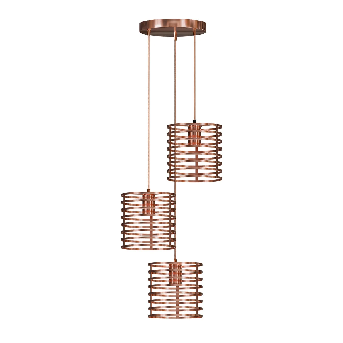 Triple head rose gold pendant light with metal cage shades hanging over a kitchen island, warm amber glow visible