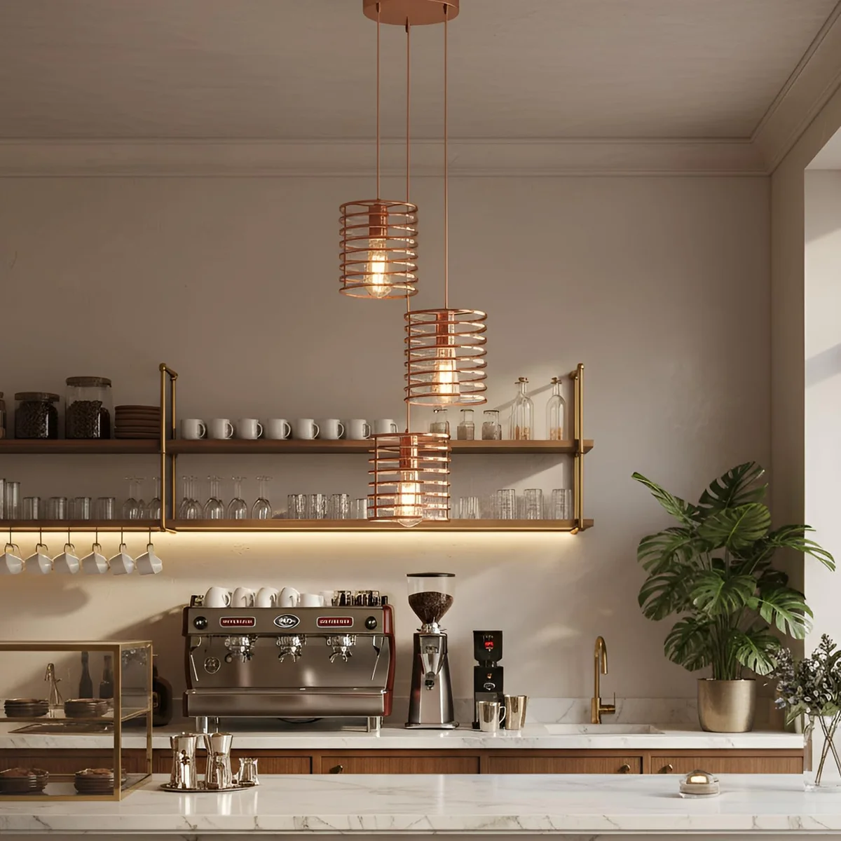 Triple head rose gold pendant light with metal cage shades hanging over a kitchen island, warm ambient glow visible