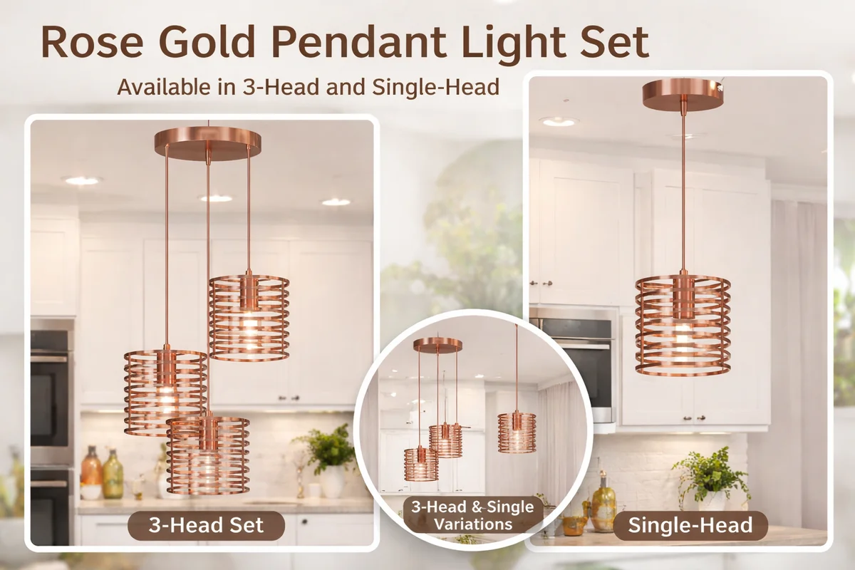 Triple head rose gold pendant light with metal cage shades hanging over a wooden dining table in a modern kitchen setting