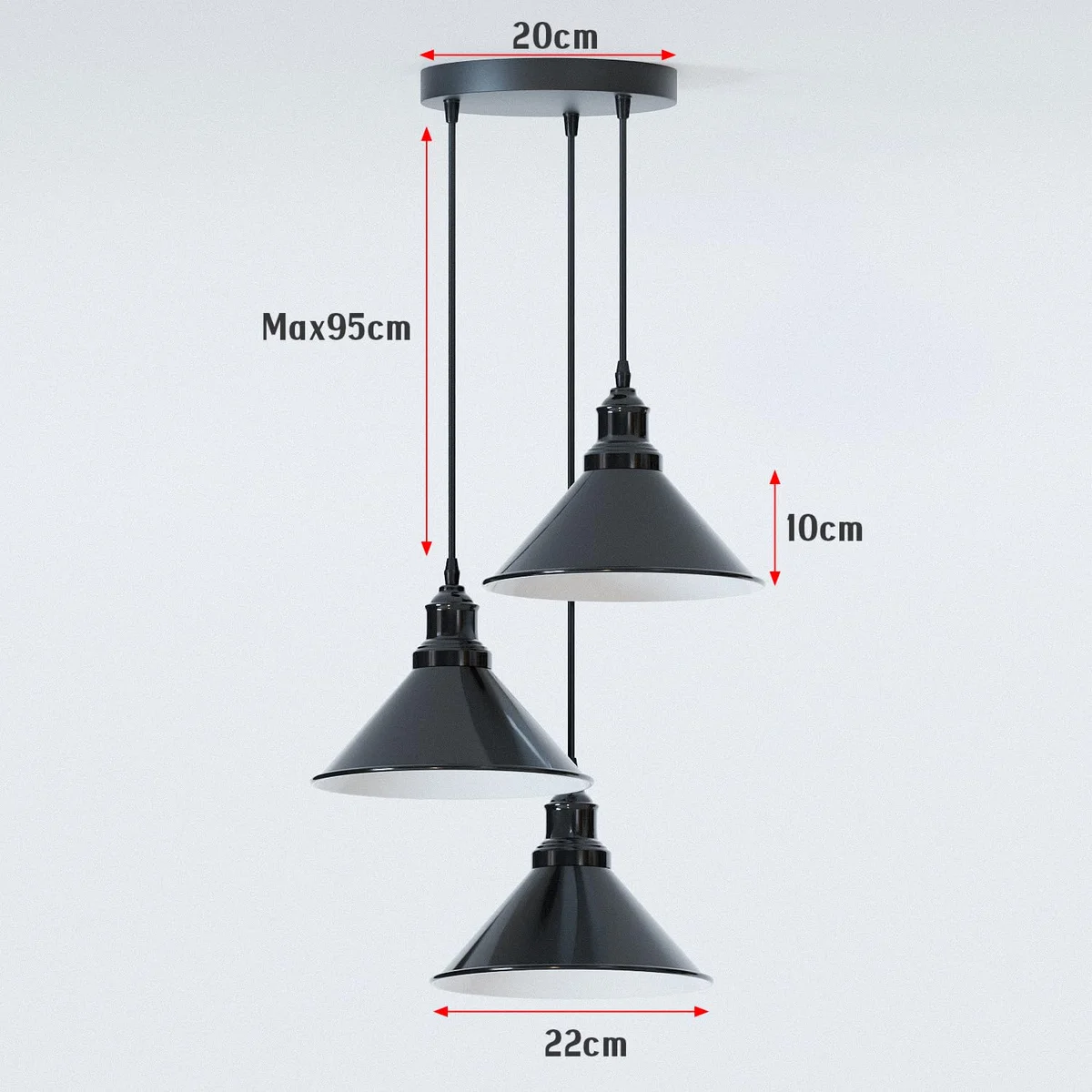 Black industrial 3-head pendant light with adjustable cables and E27 fitting ceiling light for kitchen island lighting