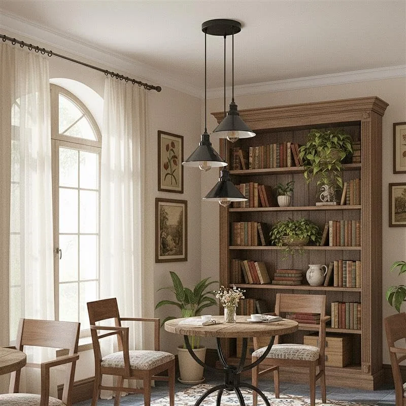 Black metal pendant light with three adjustable heads hanging over kitchen island, industrial style with white inner shades