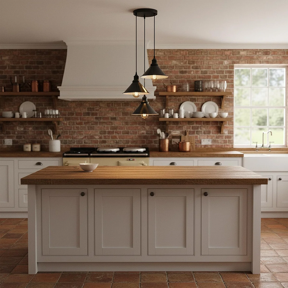 Black industrial 3-head dimmable pendant light with adjustable cables hanging over a kitchen island