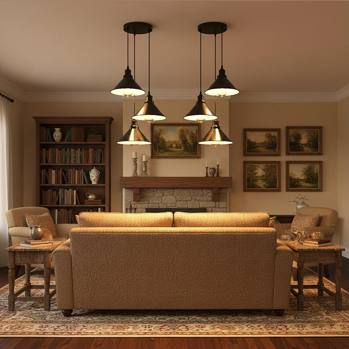 Black industrial pendant light with three adjustable metal shades hanging over a kitchen island, E27 fitting visible