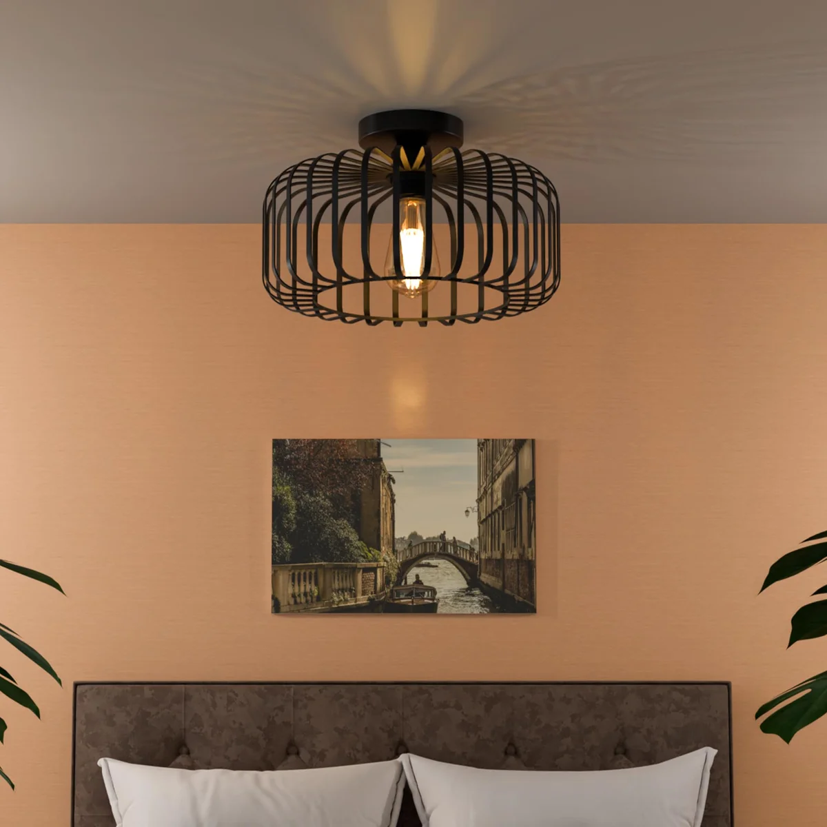 Black metal cage industrial ceiling light with semi-flush mount and geometric open-frame design, 30cm diameter.