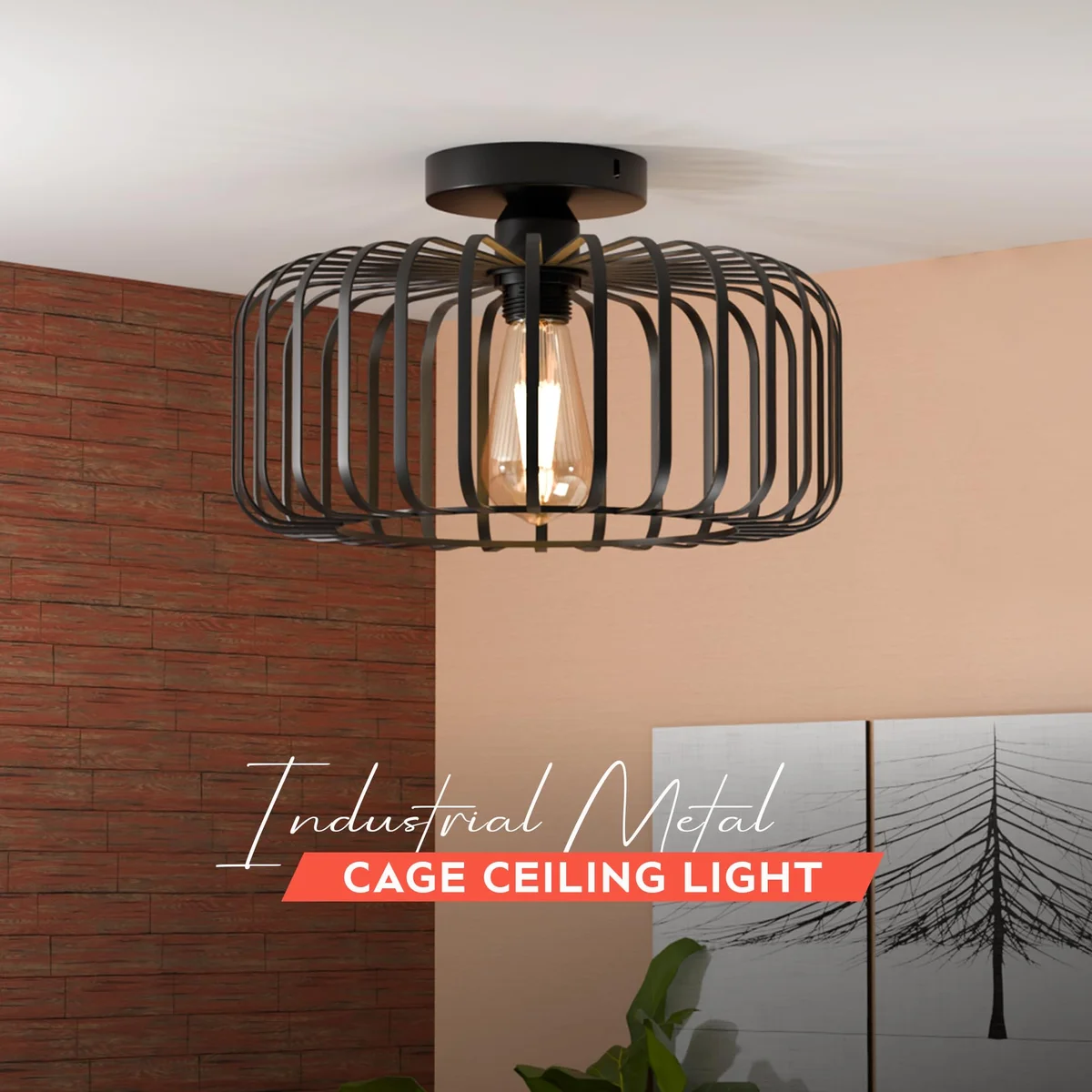 Modern industrial black metal cage semi flush mount light with geometric open-frame design and E27 bulb holder