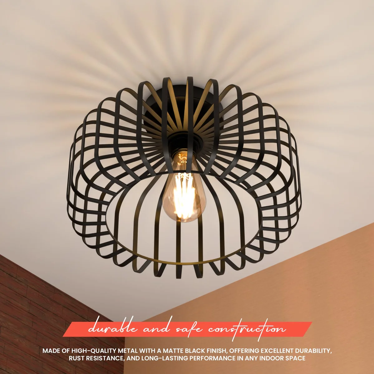 Modern industrial black metal ceiling lamp with open cage design, semi flush mount, 30cm diameter, E27 bulb fitting