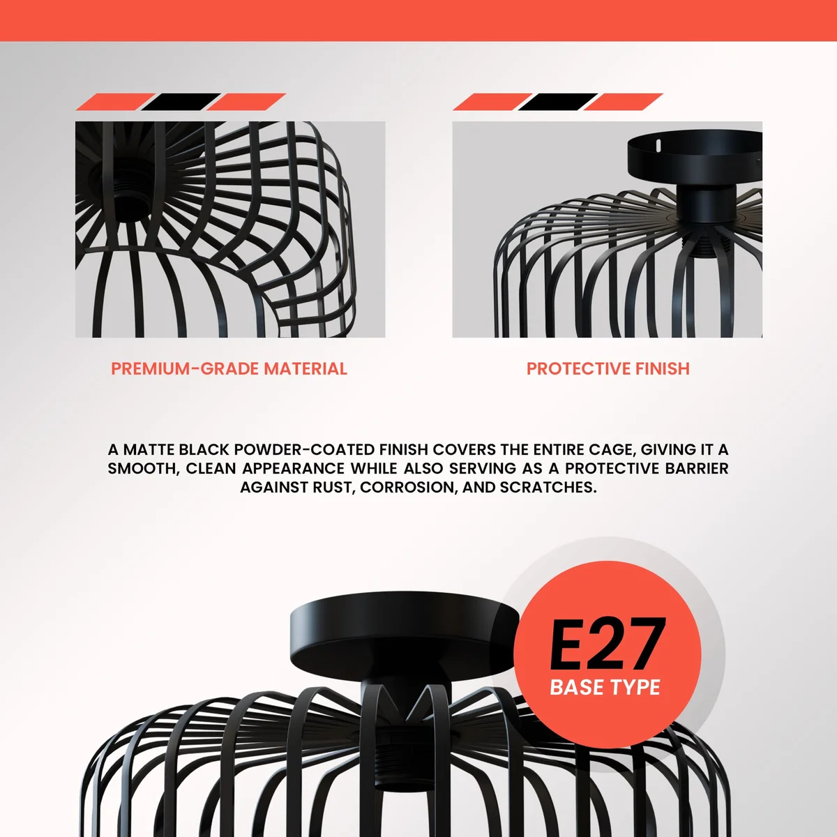 Modern industrial black metal cage semi flush mount E27 bulb ceiling light with geometric open-frame design on white background