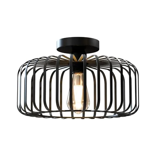 Modern industrial lighting with black metal cage semi flush mount ceiling light, 30cm diameter, sleek geometric design