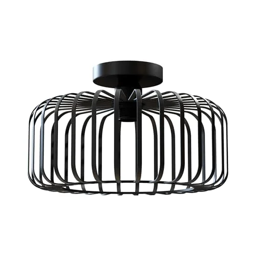 Black metal cage industrial ceiling light semi flush mount with E27 bulb holder and 30cm diameter frame
