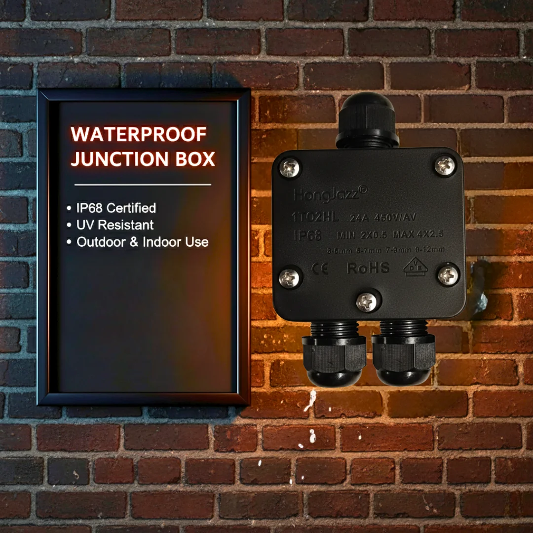 Black IP68 waterproof junction box made of UV-resistant plastic, showing compact, modern cable connector design