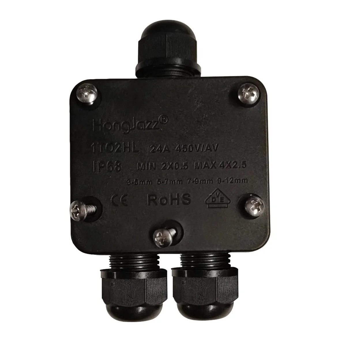 Black IP68 cable connector waterproof electrical junction box made of UV-resistant plastic with sealed lid and cable entry points