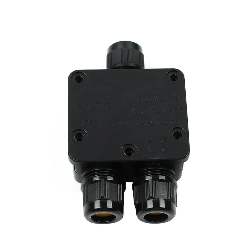 Black IP68 waterproof cable connector junction box made of UV-resistant plastic, shown with multiple cable entry points