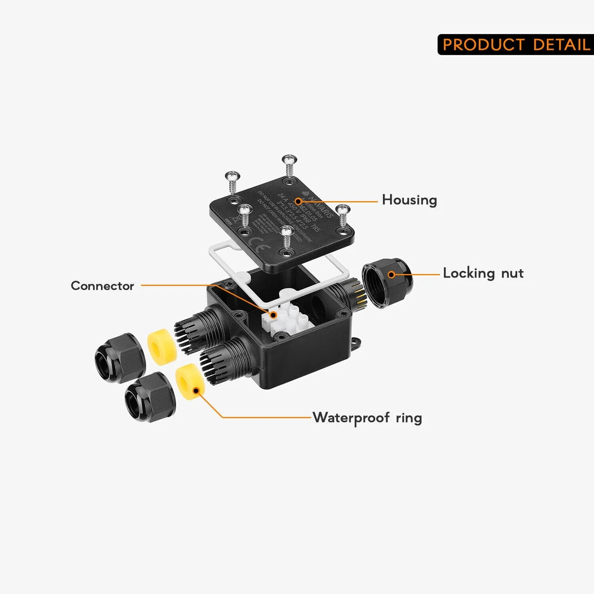 Black plastic junction box with IP68 waterproof rating, showing cable entry points and secure sealing features