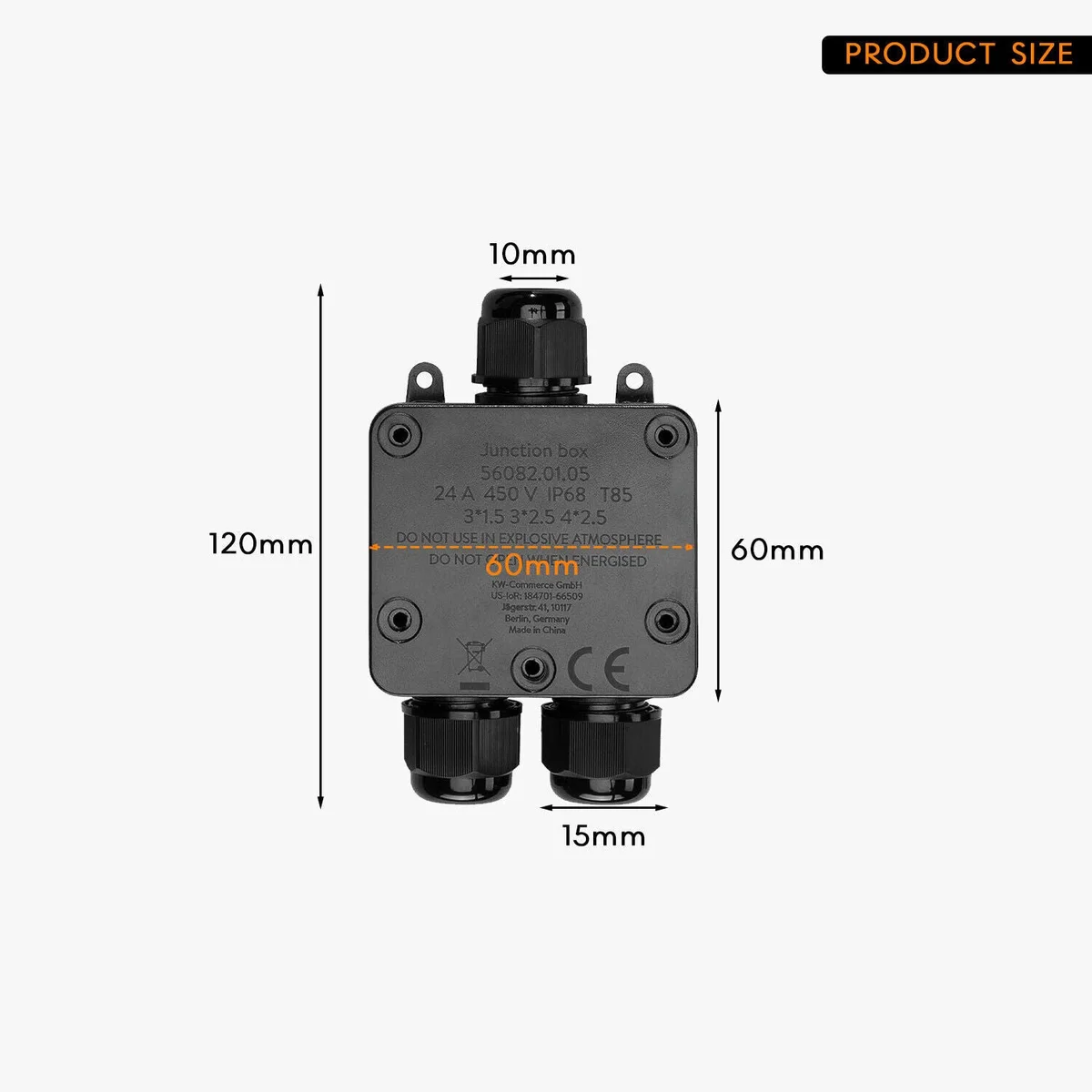 Black IP68 waterproof wiring box with cable connectors, showing durable sealed design for outdoor and indoor use