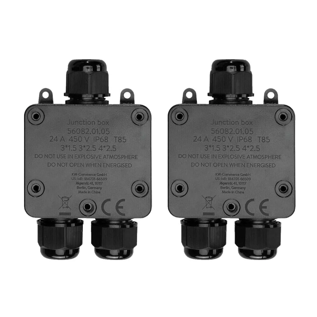 Black waterproof junction box showing IP68 rating and cable connectors, designed for outdoor and indoor use