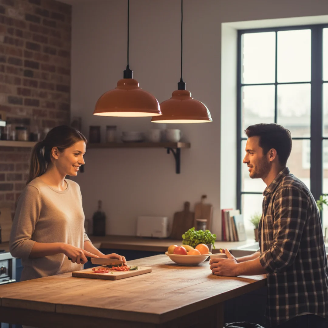 Modern 2 light dome pendant with adjustable cords and metal dome shades in satin nickel finish hanging from ceiling