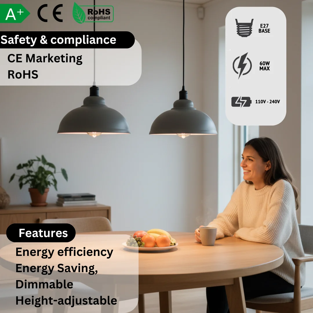 Two metal dome adjustable pendant lights with 95cm cords, modern retro style, suitable for kitchen or dining room lighting