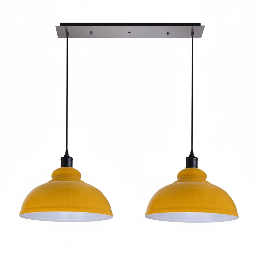 Two metal dome modern retro pendant lights with adjustable cords hanging against a white background