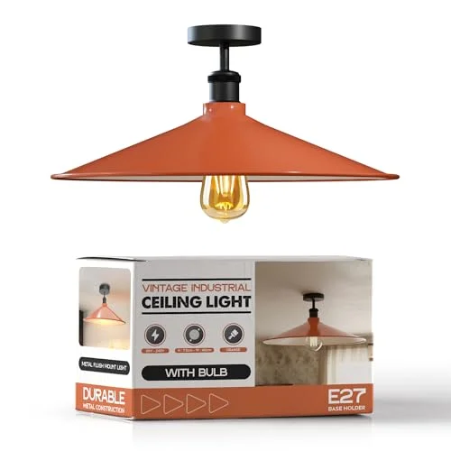 Industrial ceiling light with flat disc metal shade, semi-flush mount, modern industrial design, 40cm diameter, black finish