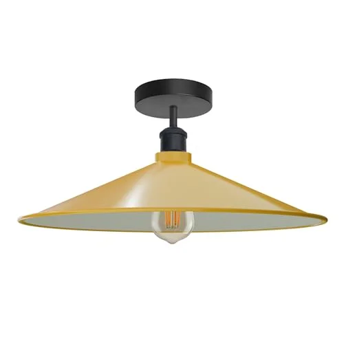 Industrial flush mount ceiling light with flat disc metal shade in black, semi-flush design for indoor use.