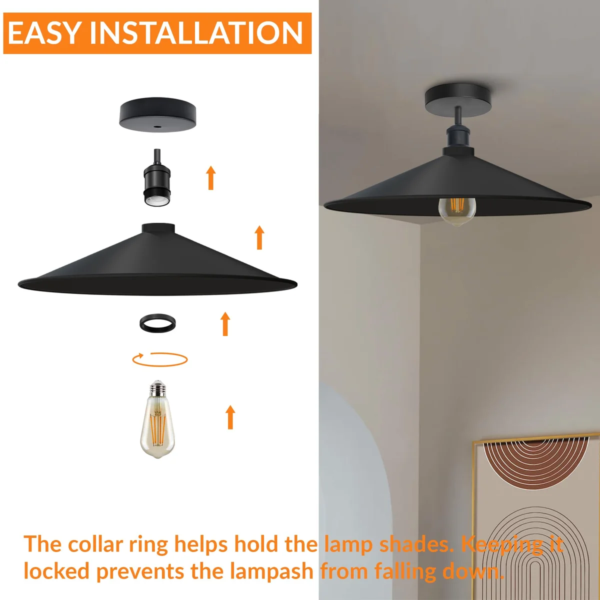 Industrial semi flush mount light with flat disc metal shade in black, suitable for E27 bulbs up to 60W, modern style ceiling fixture