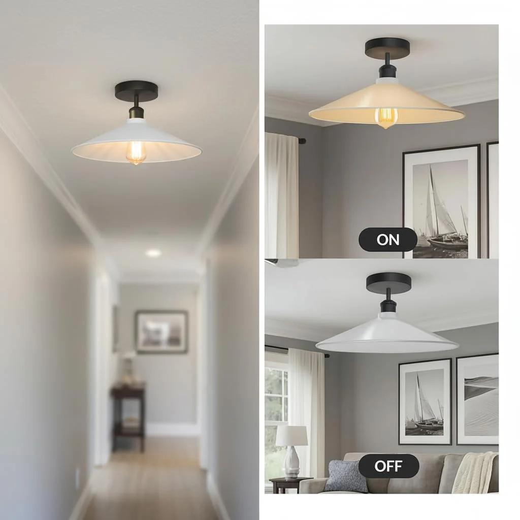 Industrial ceiling light with flat disc metal shade, semi-flush mount, painted finish, suitable for E27 bulbs up to 60W