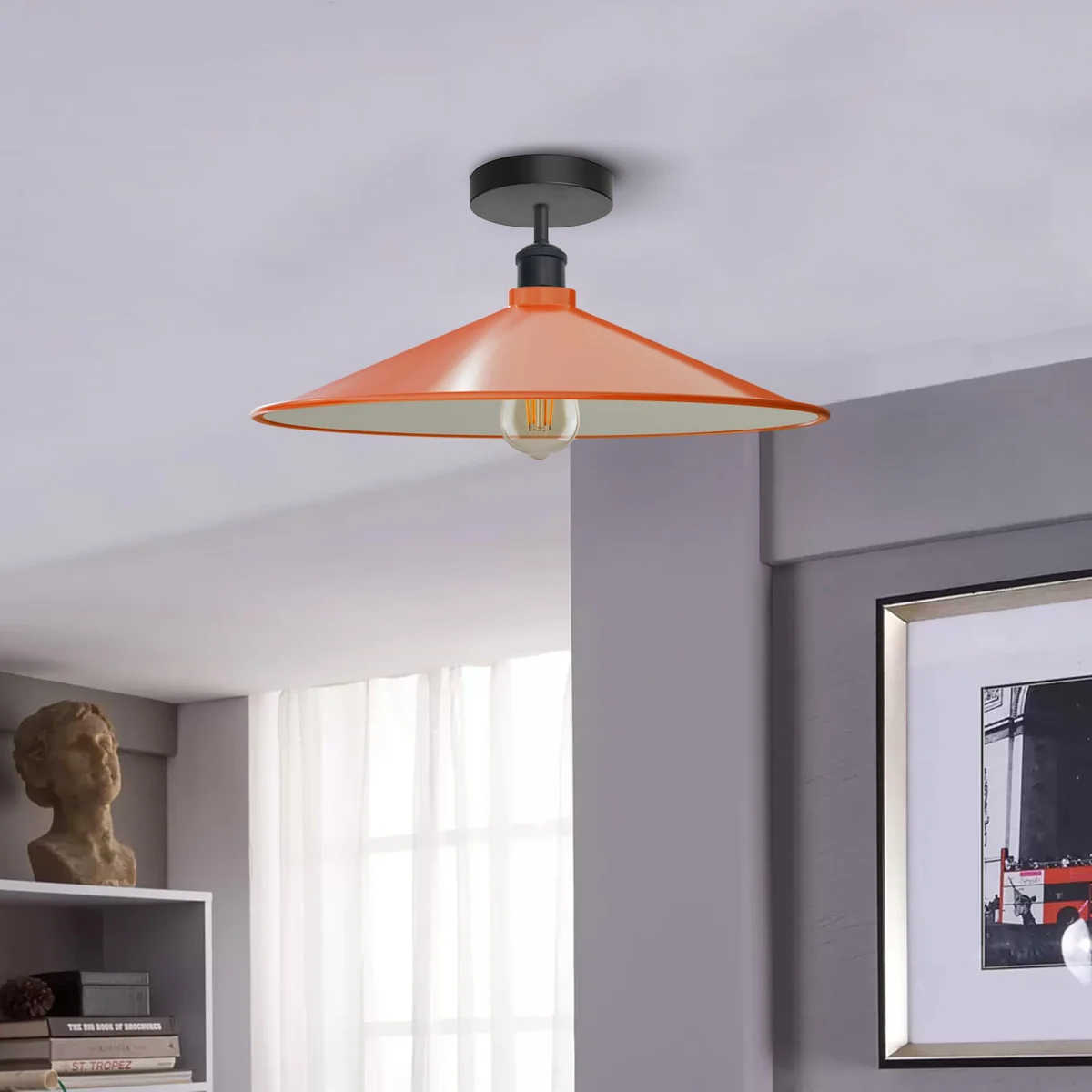 Industrial ceiling light with flat disc metal shade, semi-flush mount, 40cm diameter, modern industrial design