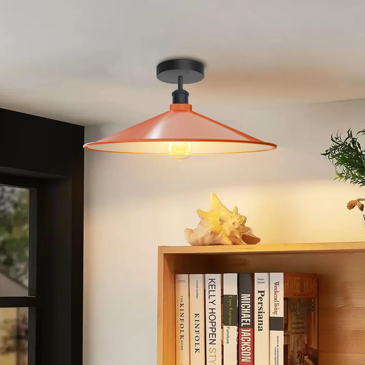 Industrial ceiling light with flat disc metal shade, semi-flush mount, suitable for E27 bulbs up to 60W, modern style