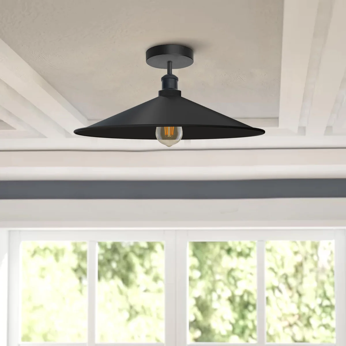 Industrial ceiling light with flat disc metal shade, semi-flush mount, suitable for E27 bulbs up to 60W, modern style