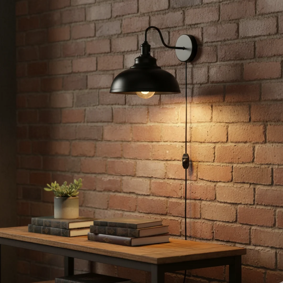Black plug in wall light with adjustable dimmer, sleek black metal industrial design, 2m cable, mounted on white wall