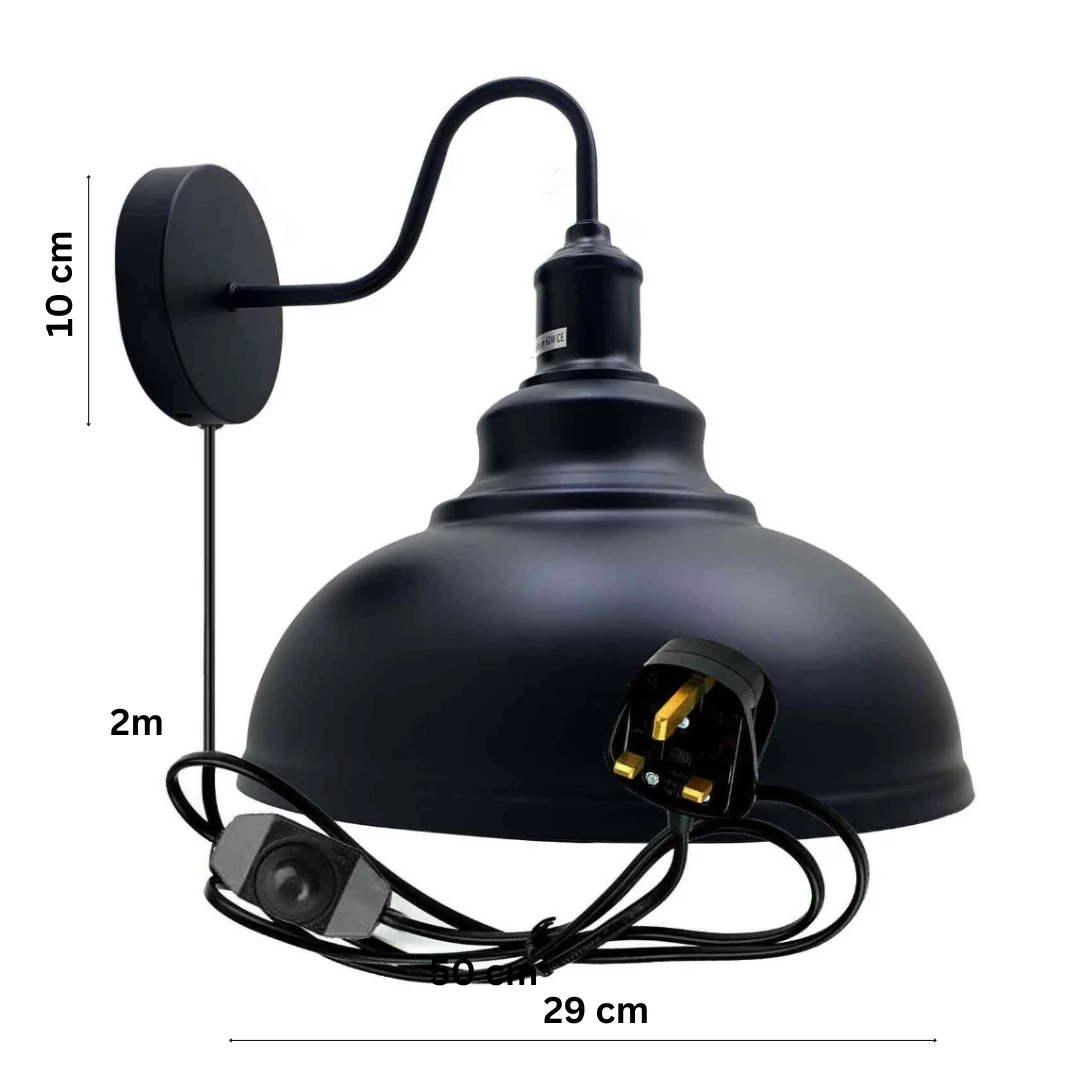 Black industrial wall light with metal shade, mounted on wall, featuring 2m cable and dimmer switch for adjustable lighting